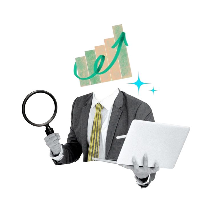 Consultant using a magnifying glass and laptop