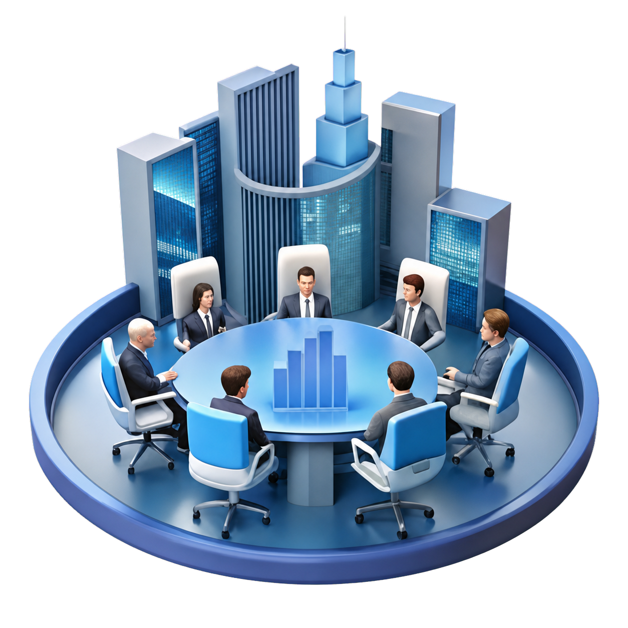 Three-dimensional executive boardroom and city skyline