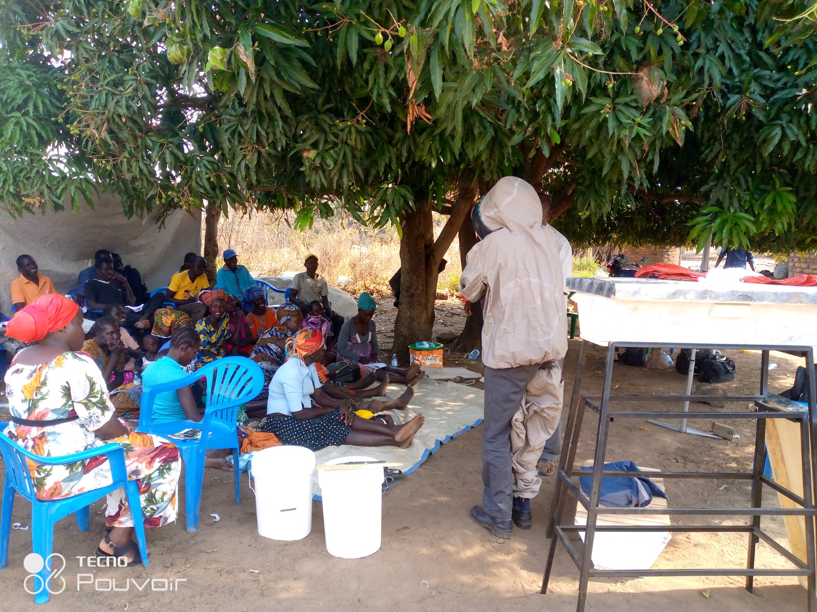 Tripoint facilitating a community demonstration beneath a large tree